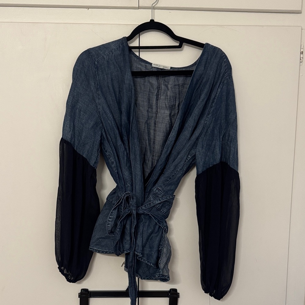 Chic Denim Wrap Blouse with Black Sleeves